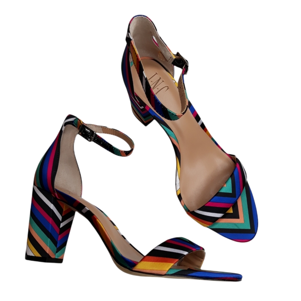 INC International Concepts Vibrant Fabric Striped Sandals Block Heel Size 9